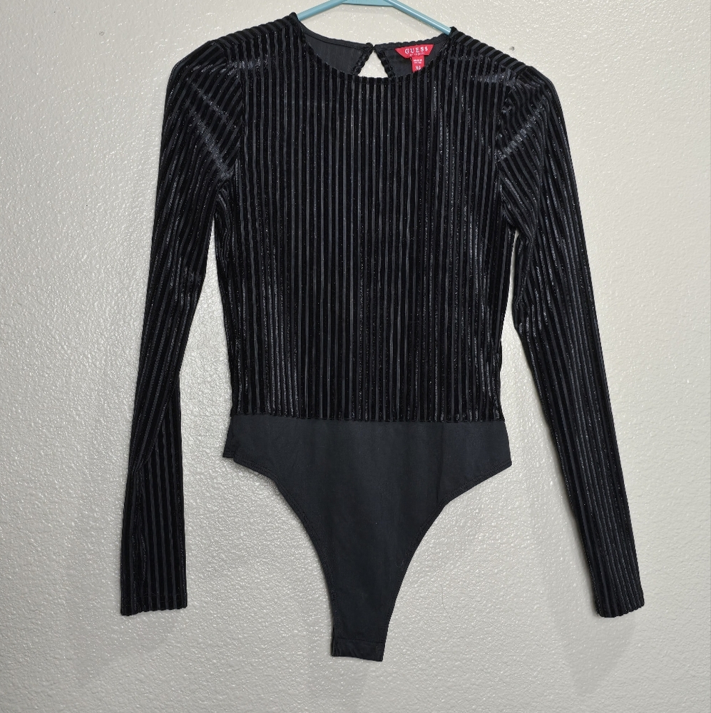 GUESS Ribbed Black Bodysuit XS Velour Sheer Witchy Whimsygoth